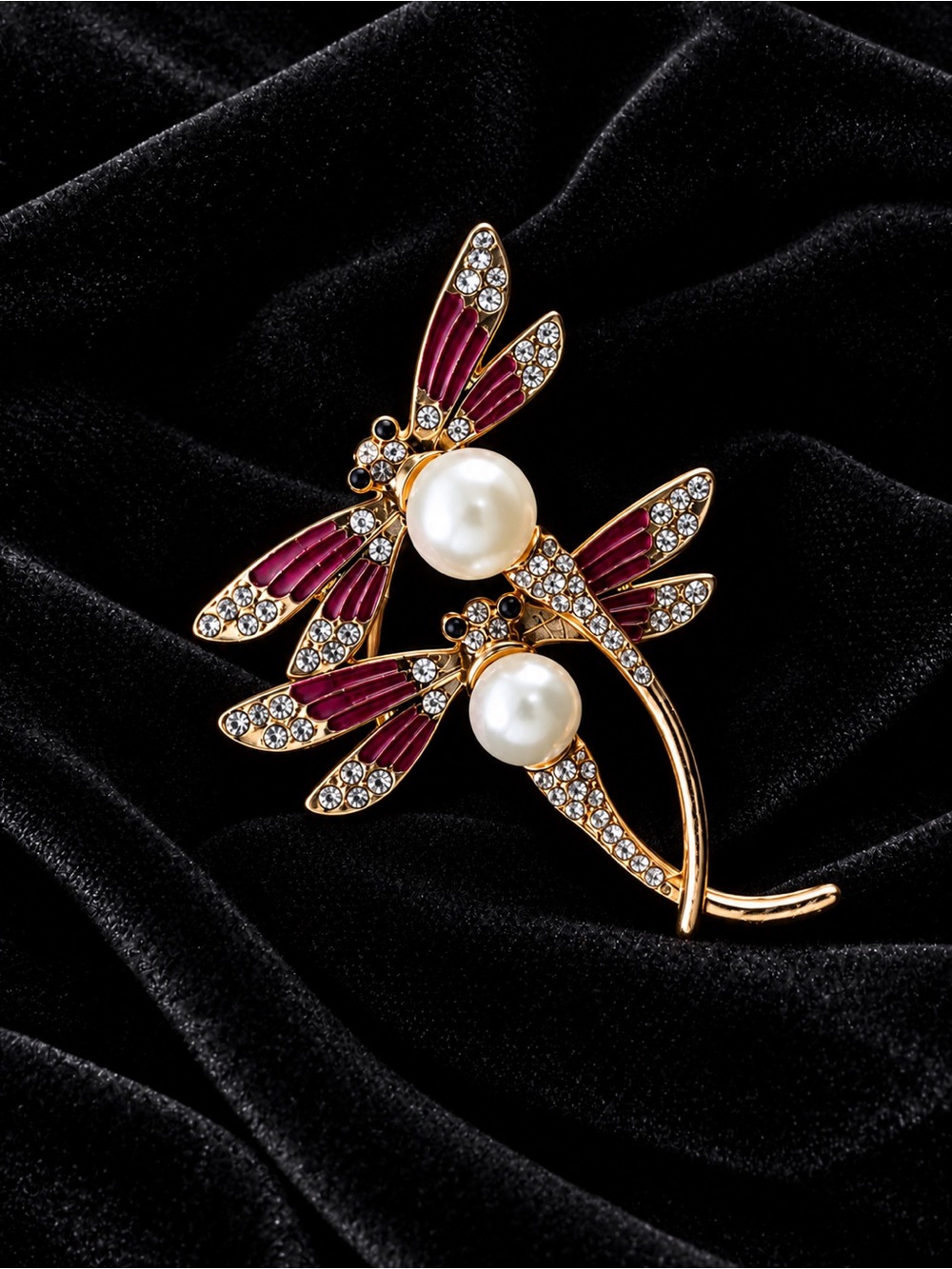 Mint Brooch Elegant Gold-Tone Pink Double Dragonfly Pearl Brooch